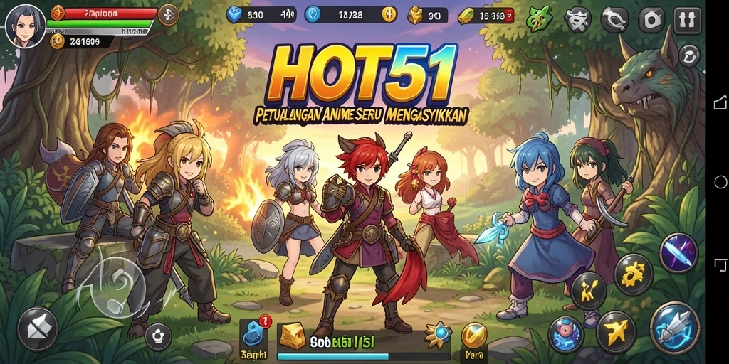 Tangkapan layar utama HOT51 menunjukkan aksi seru dalam dunia Anime.