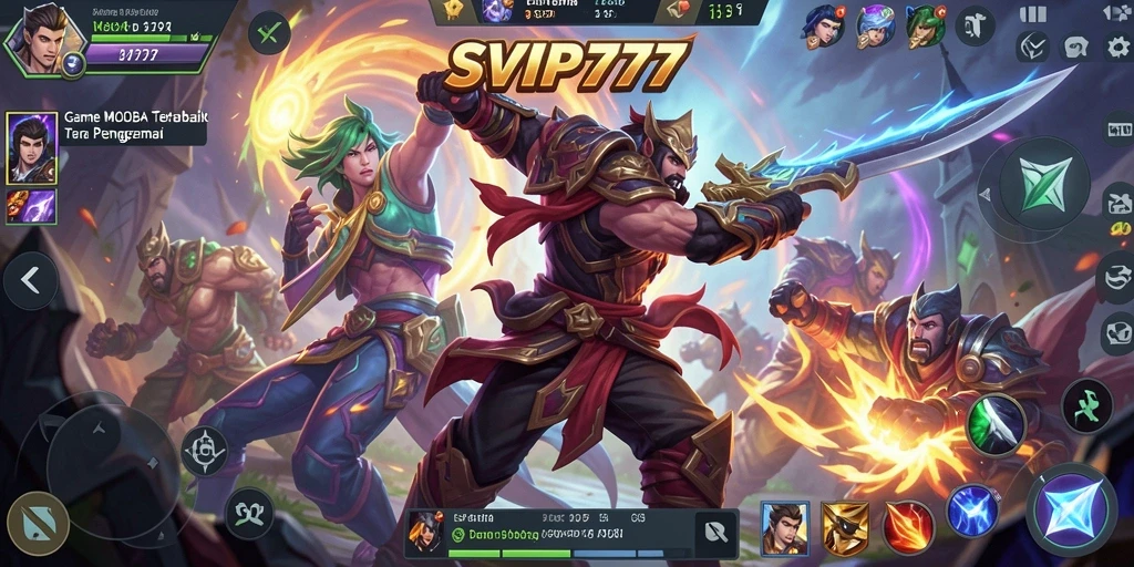 Screenshot gameplay SVIP777 dengan pertarungan intens di arena MOBA.